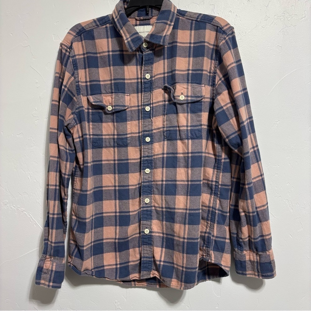 American Eagle Super Soft Men's Medium Flannel Plaid Check Button Up Pink Blue